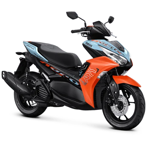 Yamaha Aerox 155 berwarna biru orange dengan desain sporty dan agresif.